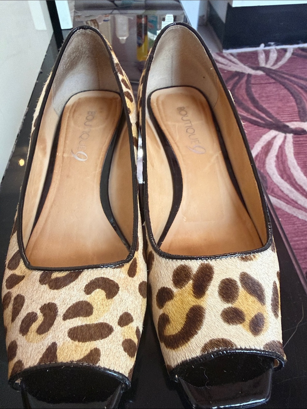 Leopard Print Peep-Toe Flats - Brown